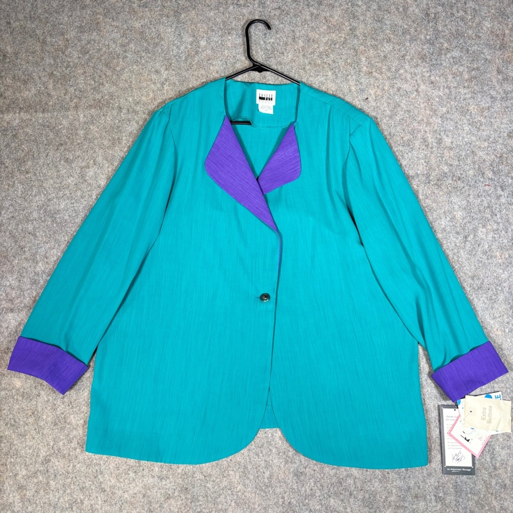 Leslie Fay Blazer Women 20W Teal Purple Colorblock Vintage 80s 90s Shoulder Pads
